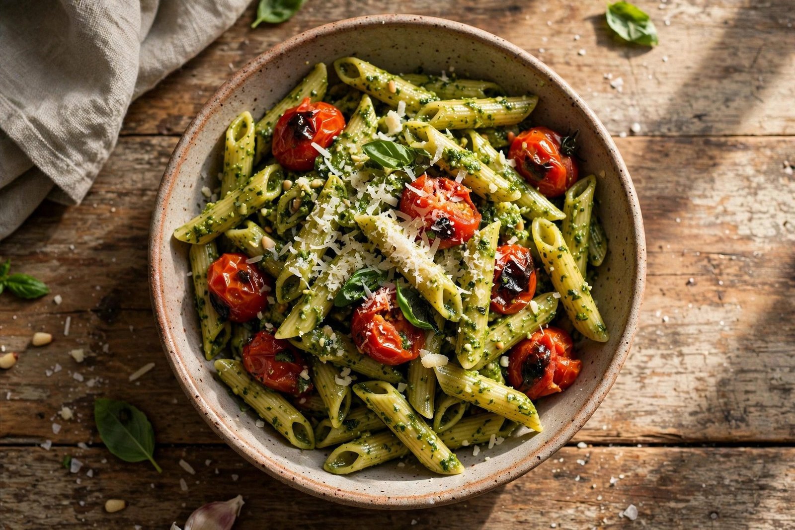 5-ingredient pesto pasta recipe with burst cherry tomatoes and Parmesan in a rustic bowl