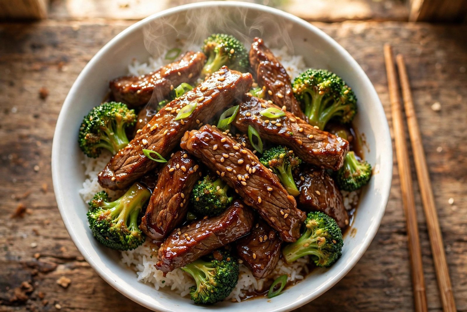 Beef and broccoli recipe — glossy beef strips and bright green broccoli florets tossed in savory sauce, served over white rice with chopsticks