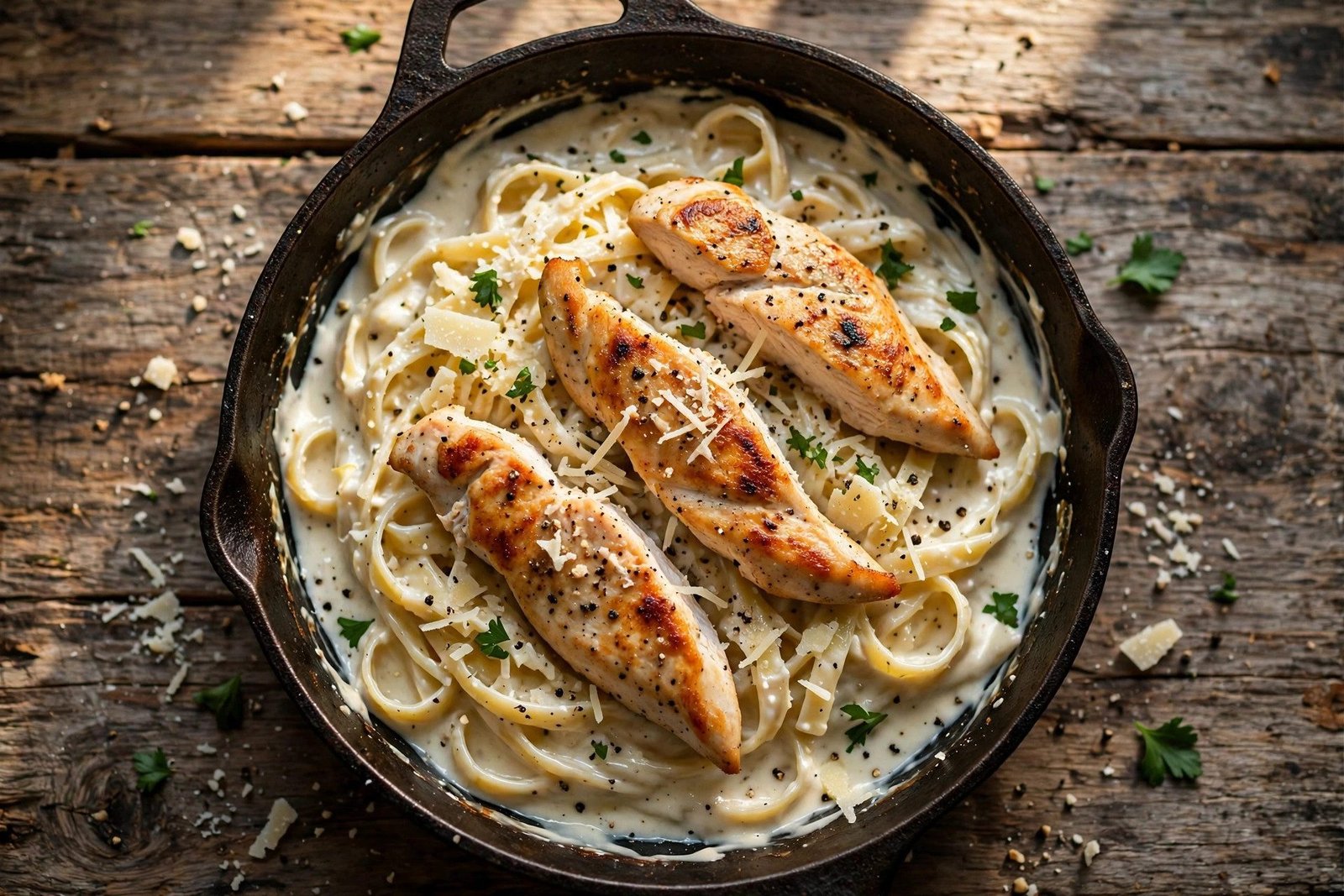 Chicken alfredo pasta — creamy fettuccine tossed with seared chicken breast strips, fresh parsley, and grated parmesan in a skillet