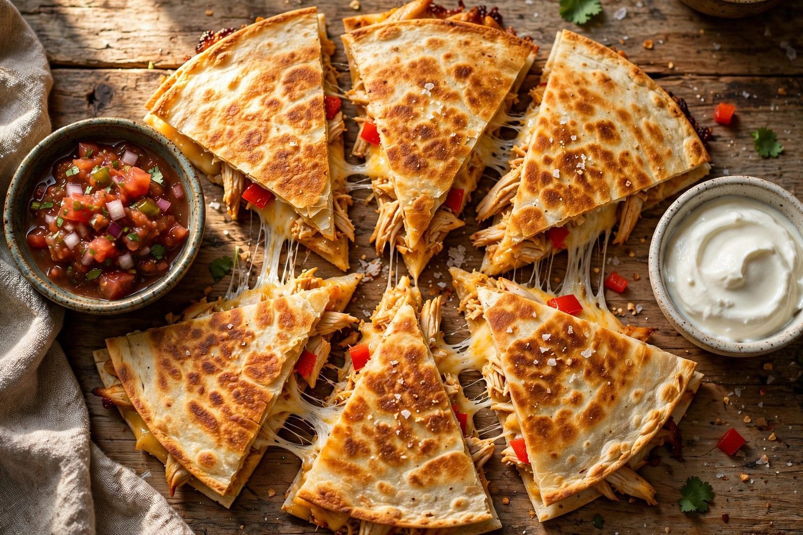 Chicken quesadilla recipe — crispy golden quesadillas cut into wedges with melted cheese, seasoned chicken and peppers, served with sour cream and salsa
