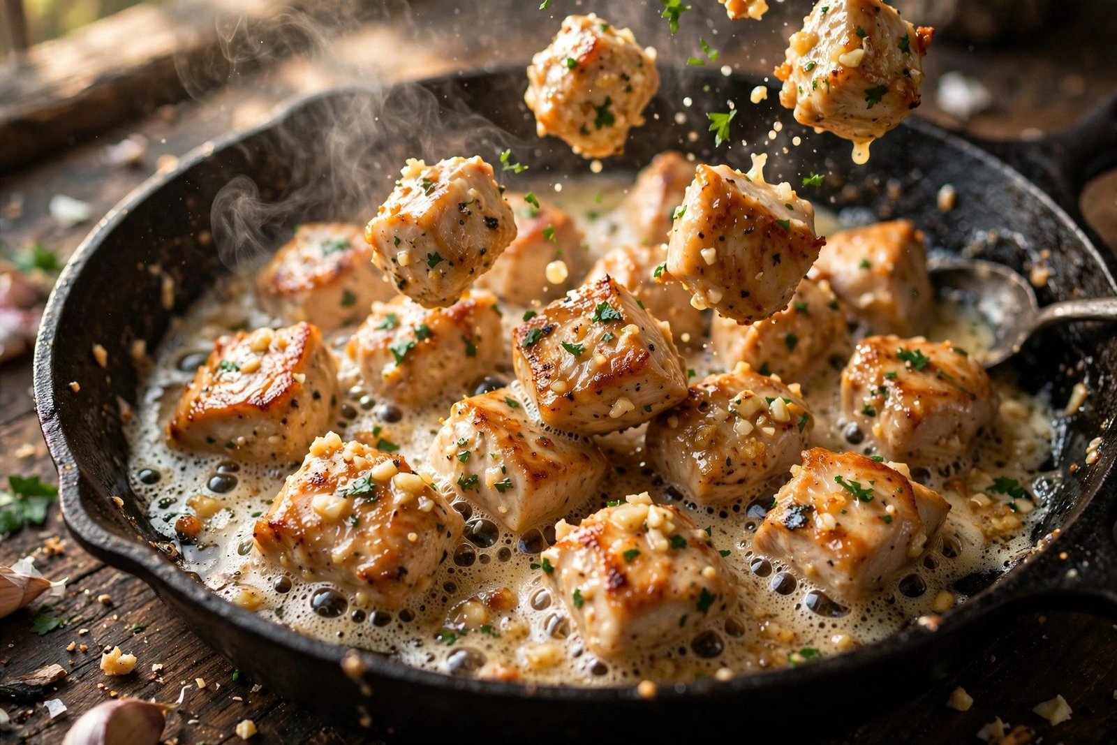 Close-up of garlic butter chicken bites coated in foaming garlic butter sauce in a hot skillet
