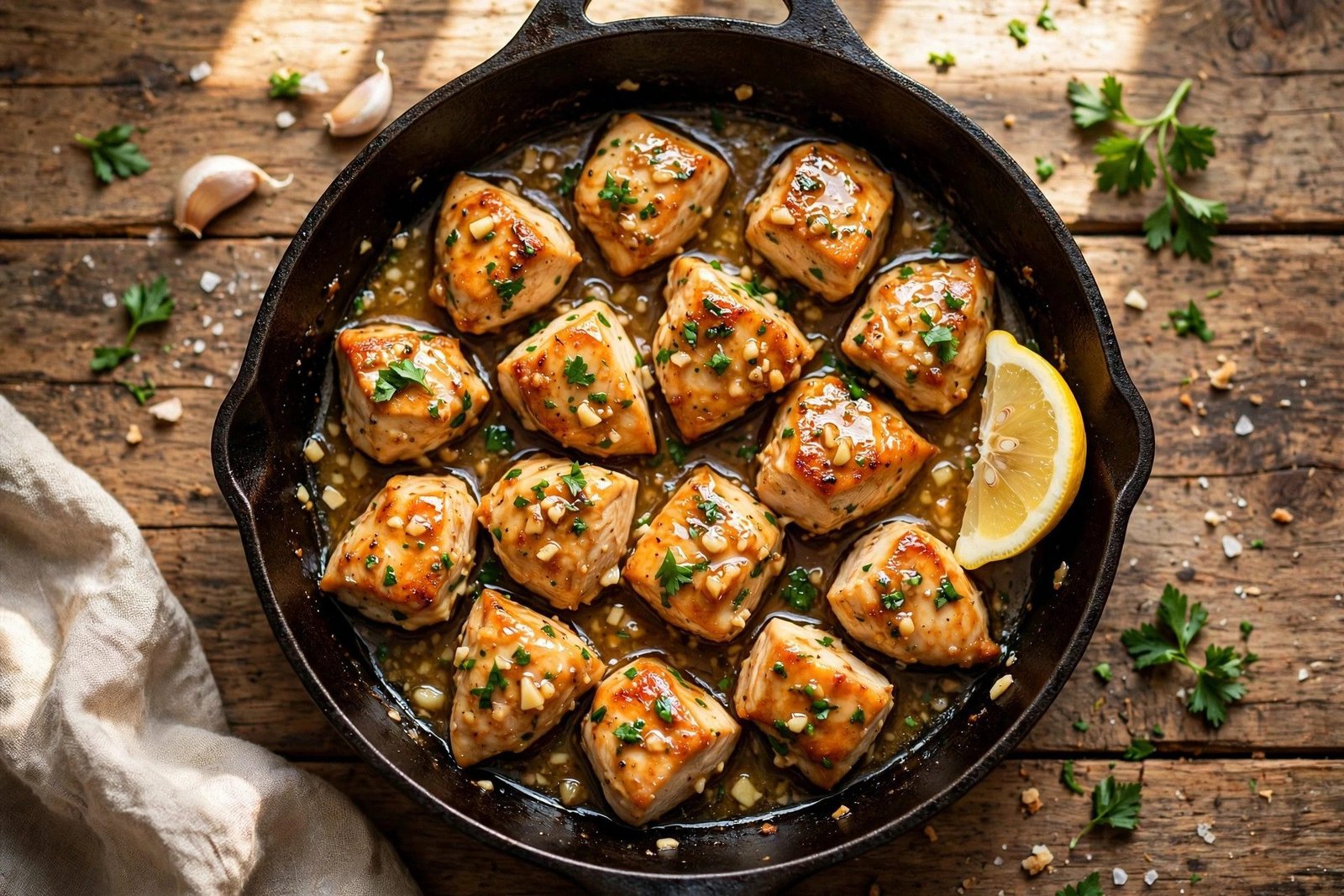 Garlic butter chicken bites — golden seared chicken cubes tossed in garlic butter sauce with parsley in a cast-iron skillet, overhead shot