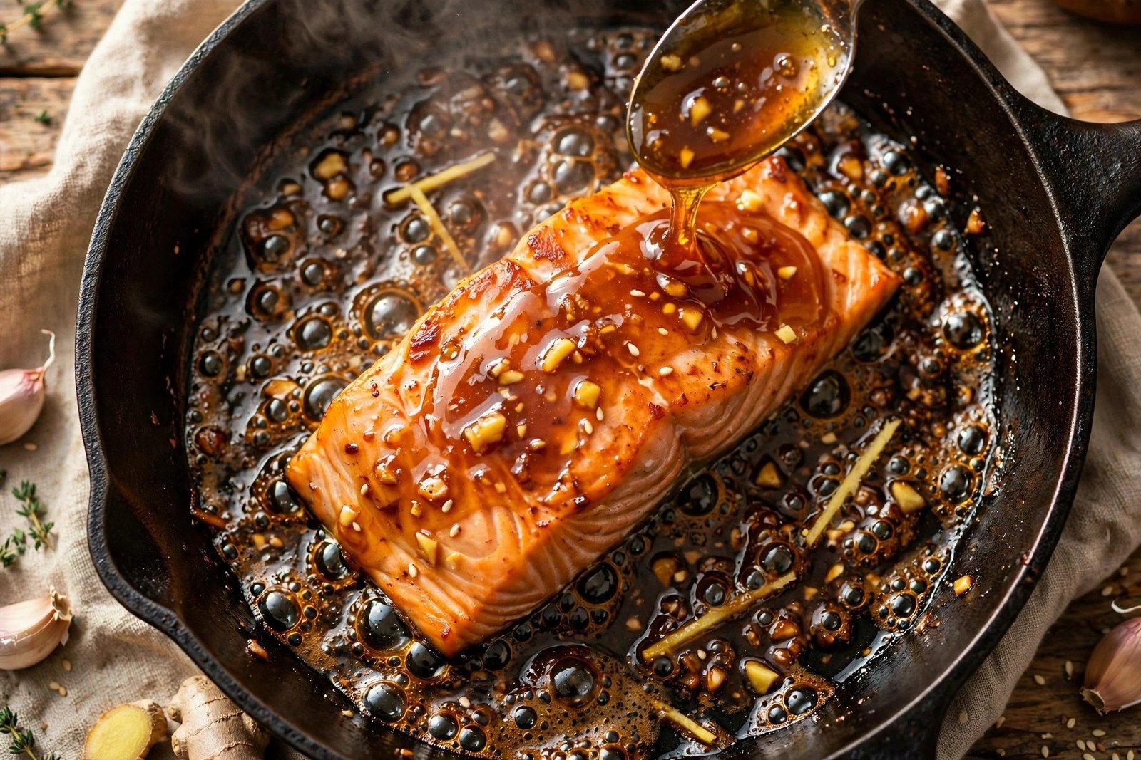 Honey soy salmon fillet being basted with glossy honey-soy glaze in a cast iron skillet