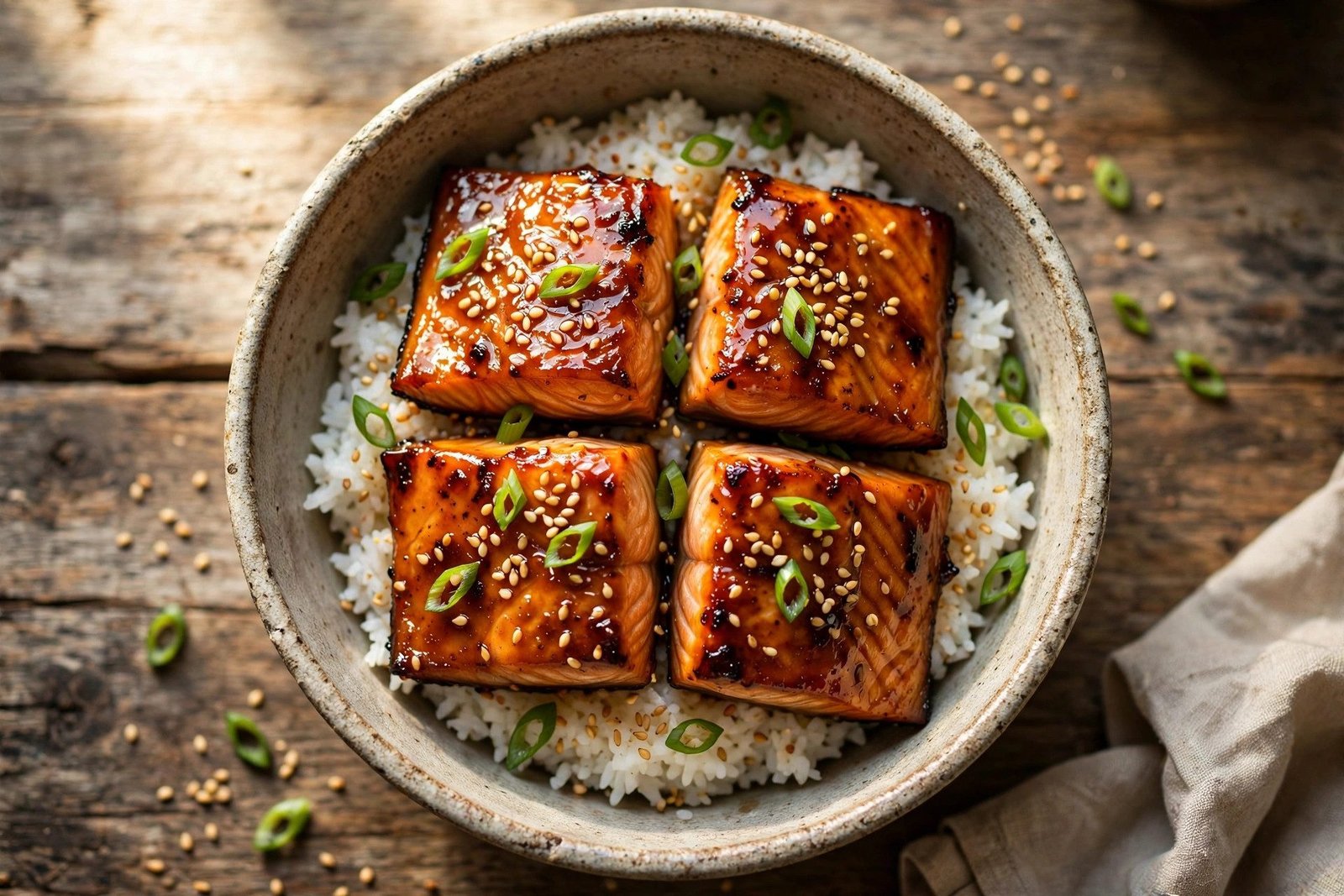 Honey soy salmon fillets with sticky caramelized glaze, sesame seeds, and green onions over rice
