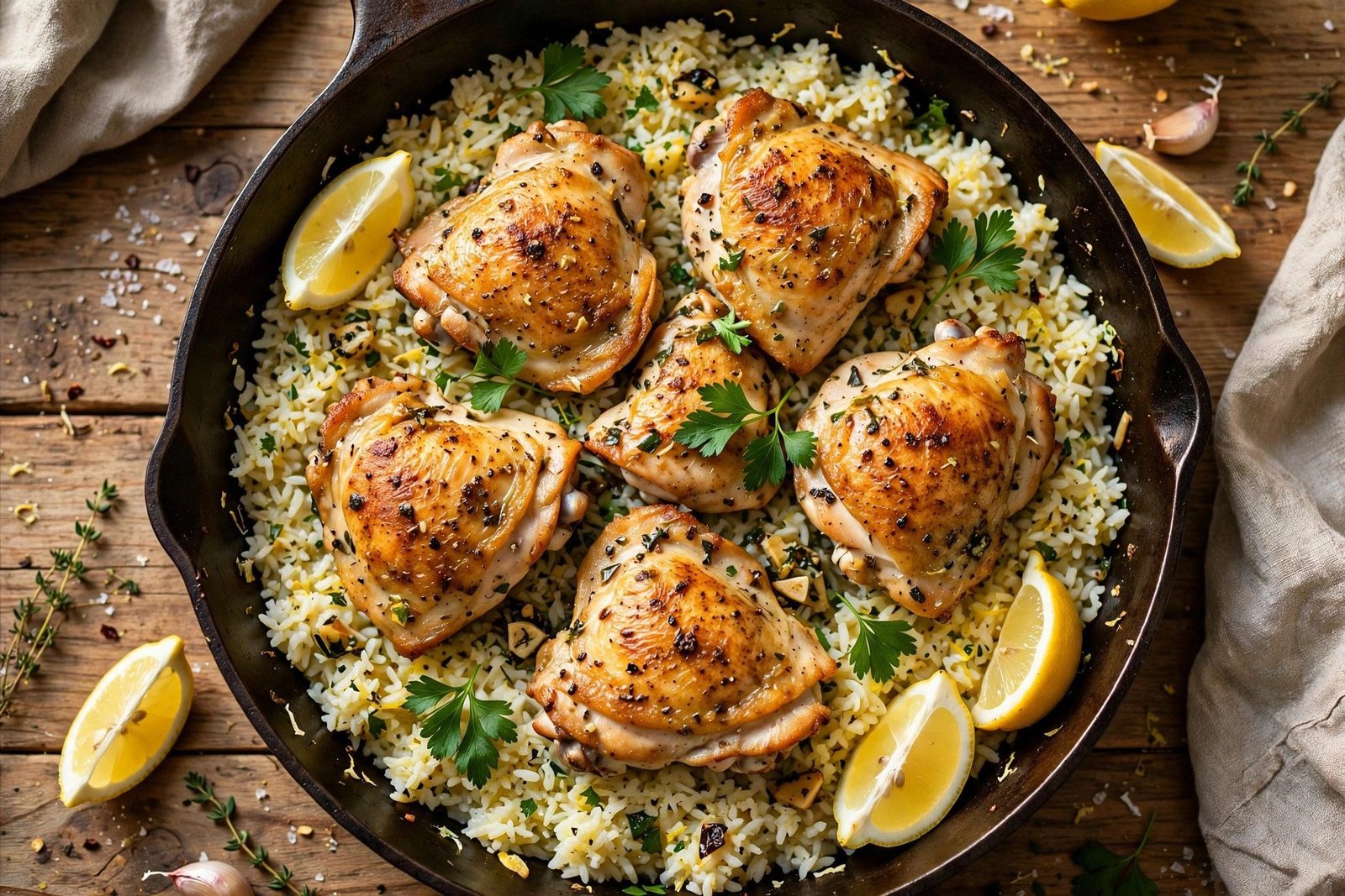Lemon herb chicken and rice in a skillet with golden chicken thighs, fluffy lemon rice, fresh parsley and lemon wedges
