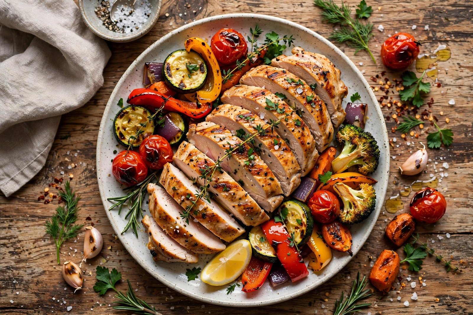 What can I cook with chicken breast? Sliced grilled chicken breast with roasted vegetables