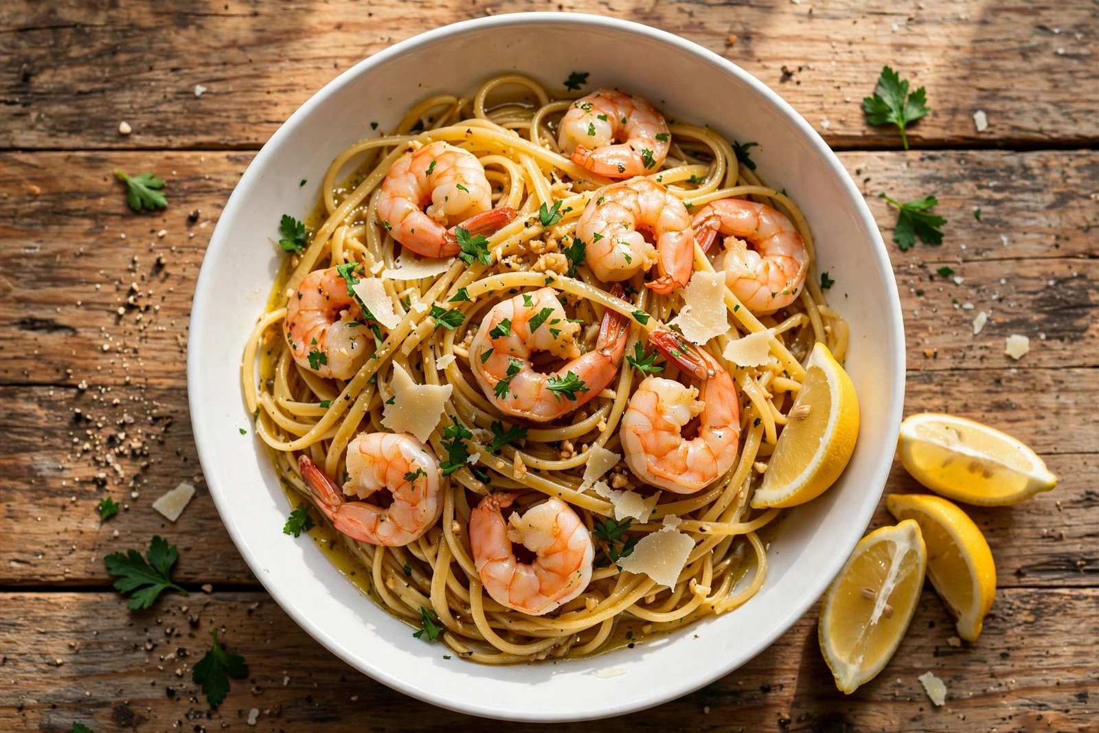 Garlic butter shrimp pasta in a white bowl
