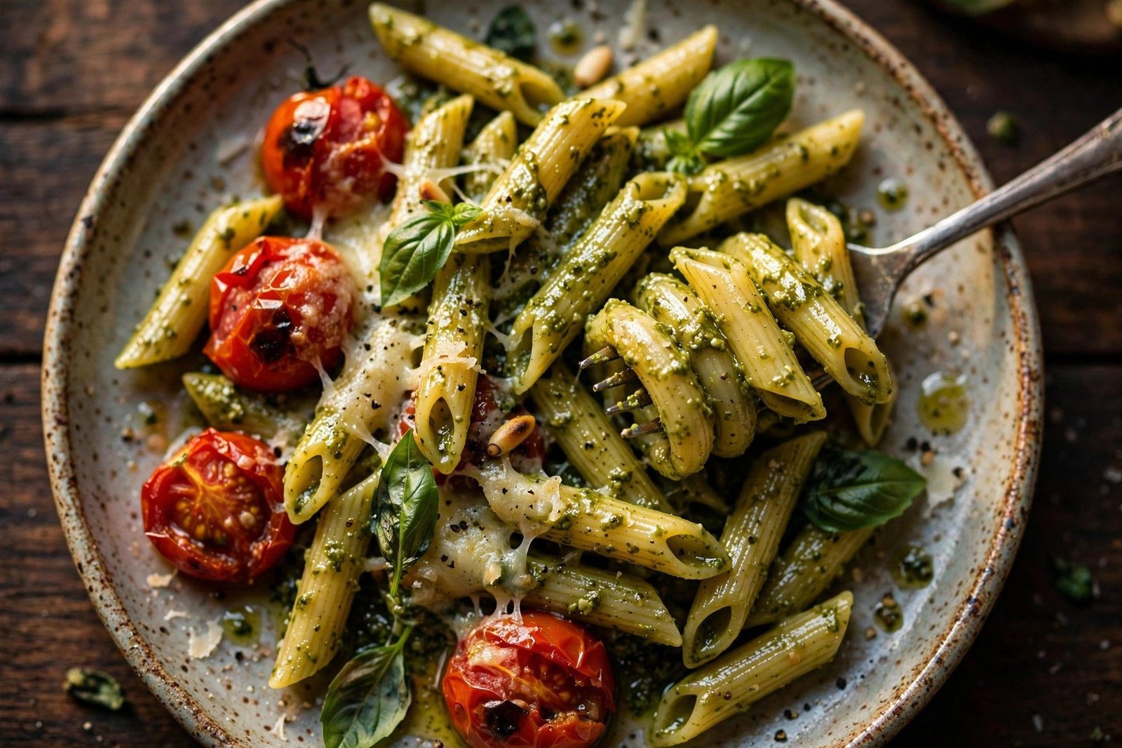 Close-up of pesto pasta recipe with burst cherry tomatoes and melted Parmesan