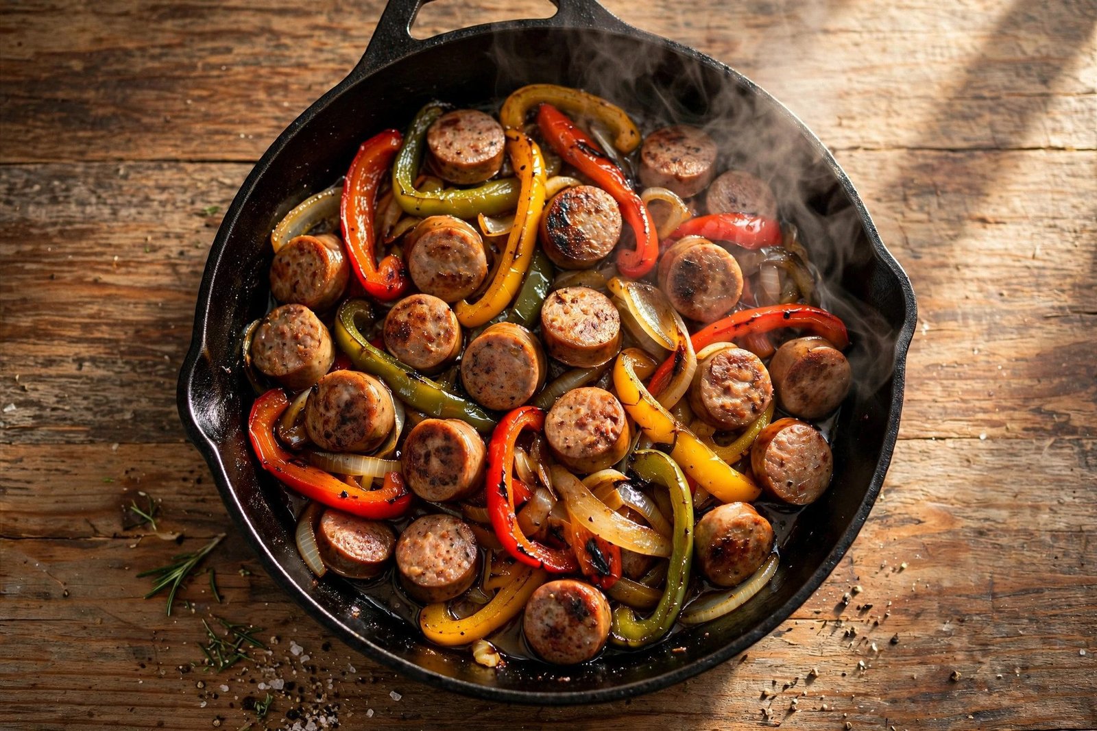 Sausage and peppers recipe — seared Italian sausage with caramelized bell peppers and onions in a cast-iron skillet, overhead shot