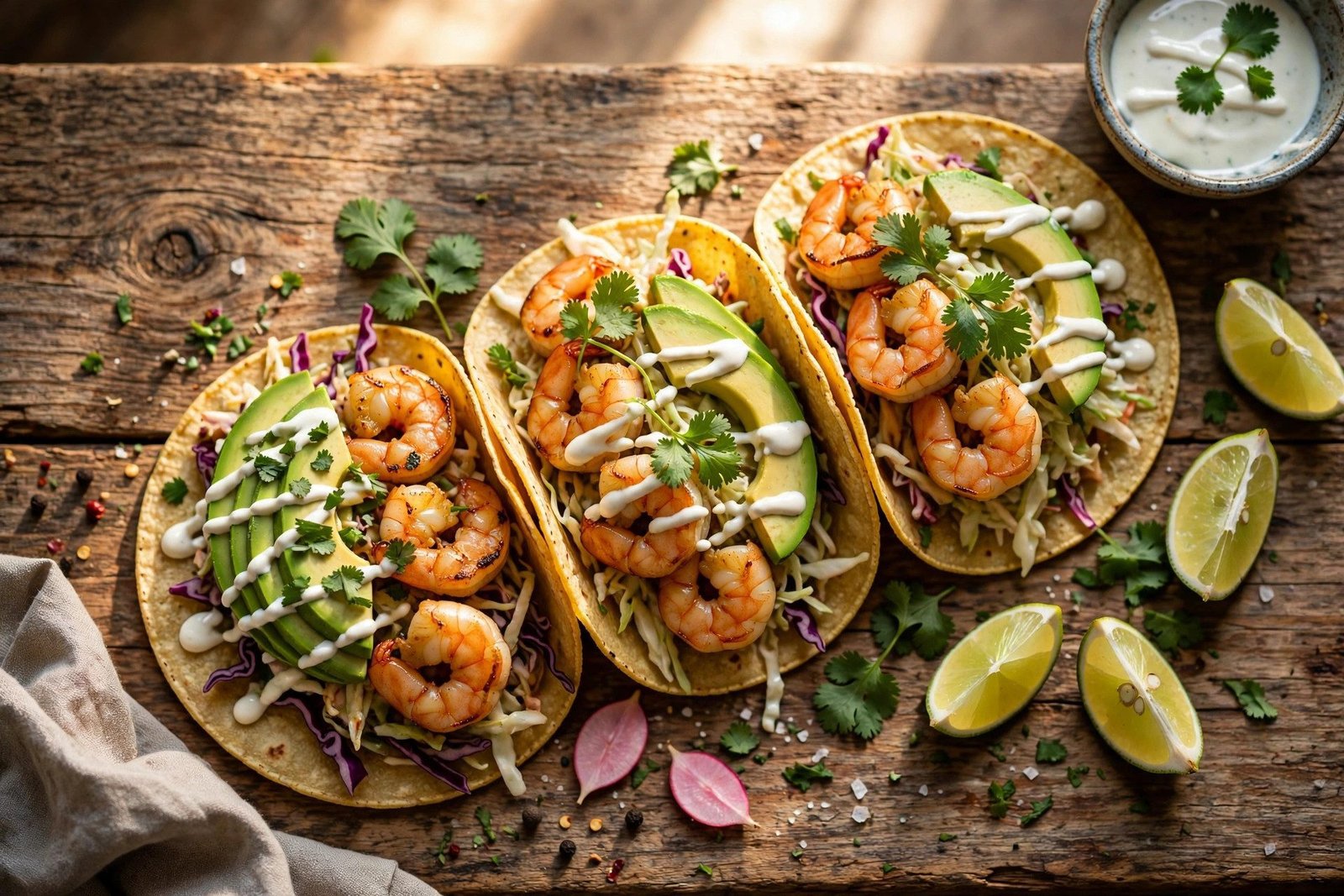 Shrimp tacos recipe with lime crema, crunchy cabbage slaw and warm corn tortillas on a rustic table