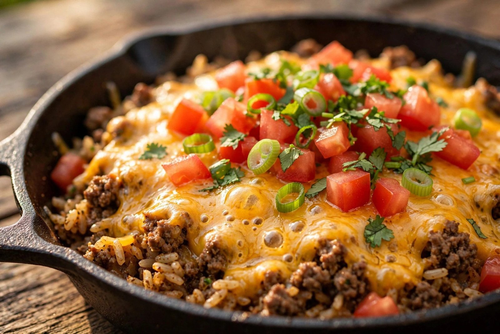Close-up of taco skillet dinner with bubbling melted cheese, diced tomatoes, and green onions over seasoned rice