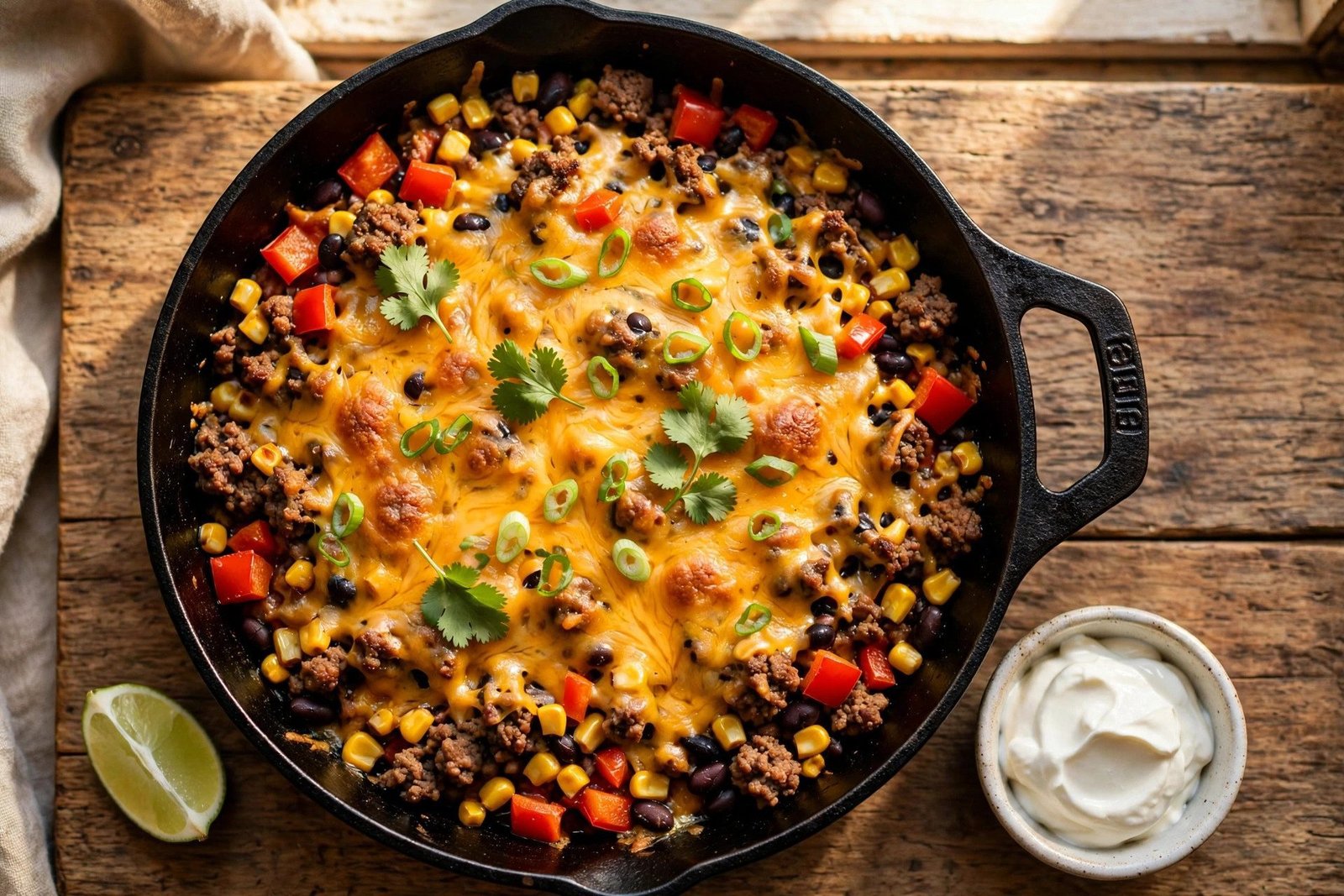 20-minute taco skillet dinner — seasoned ground beef, bell peppers, and corn under melted cheddar in a cast-iron skillet, overhead shot