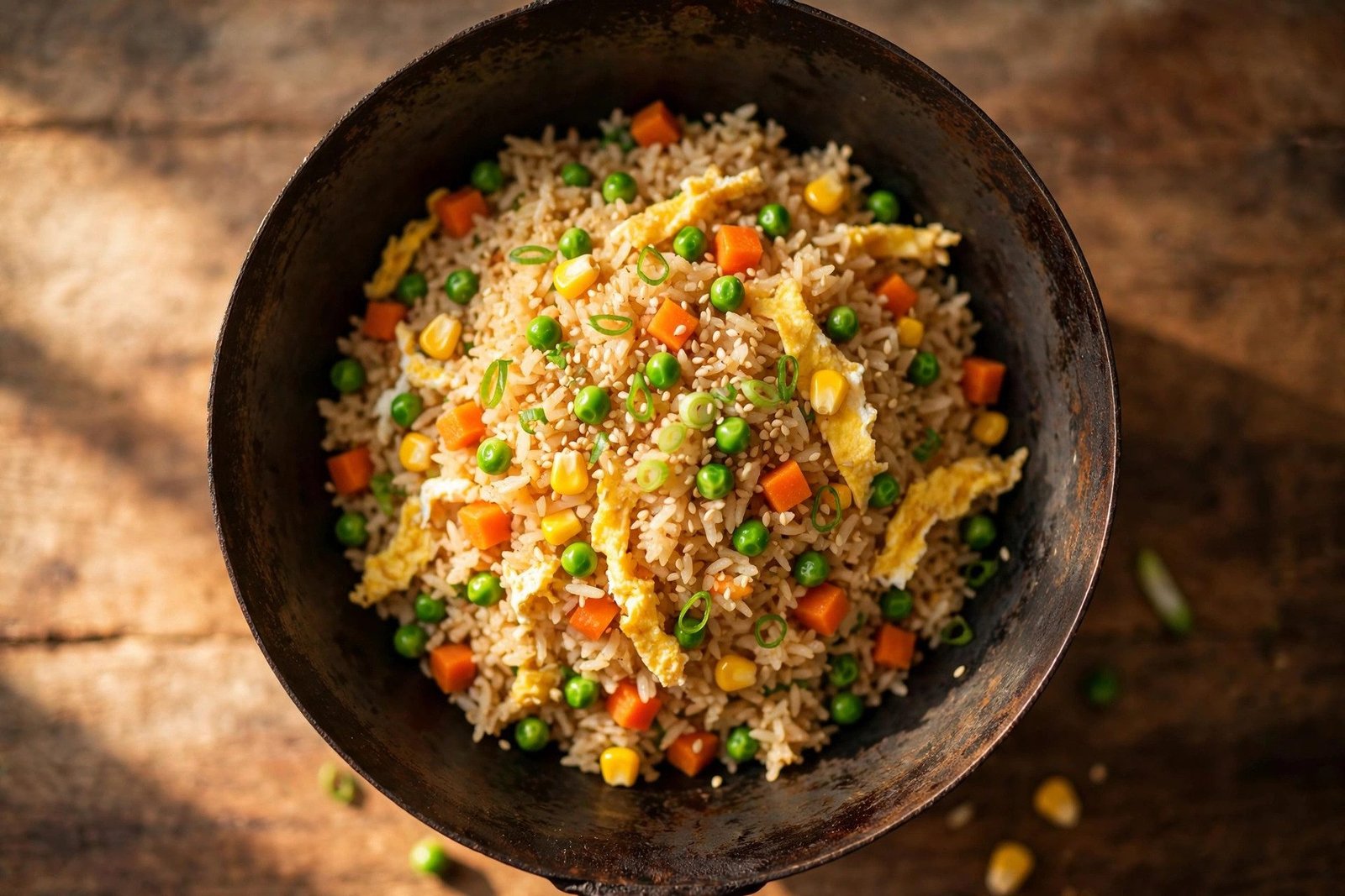 Vegetable fried rice — fluffy golden rice with peas, carrots, egg ribbons and scallions in a wok, overhead shot